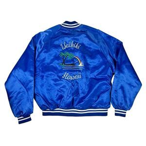 Vintage Waikiki Hawaii Satin Bomber Jacket 80s Aloha Blue Auburn Made in USA XL